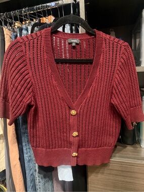 Express Women's Burgundy Short-Sleeve V-Neck Button Cardigan